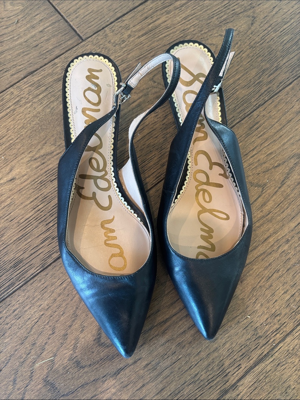 Sam Edelman Black Leather Pointed Slingback Flats with Gold Insole Script